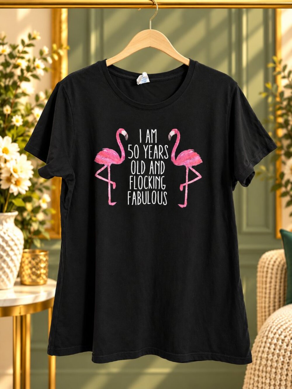 Port & Company 50th Birthday Flamingo Flocking Fabulous Tee Black L